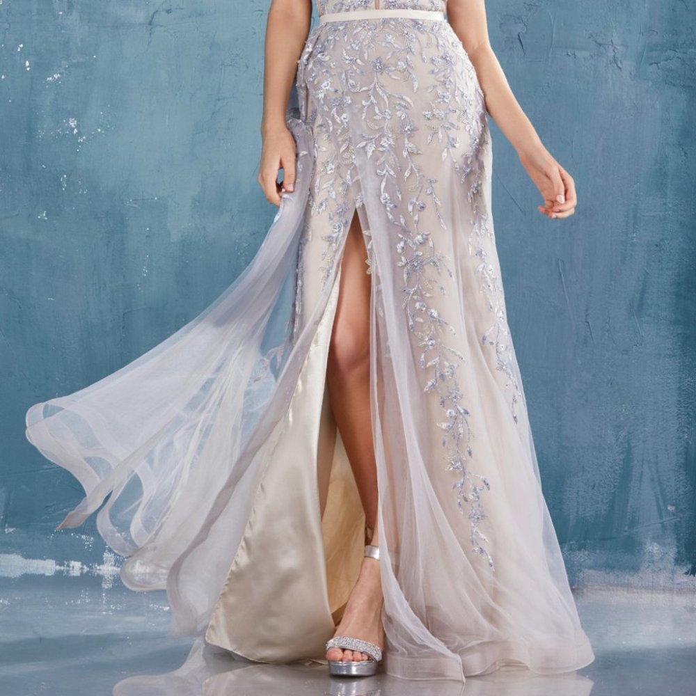 BEADED LACE V-NECK FIT AND FLARE GOWN W/SLIT 0817 - Picture 7 of 9